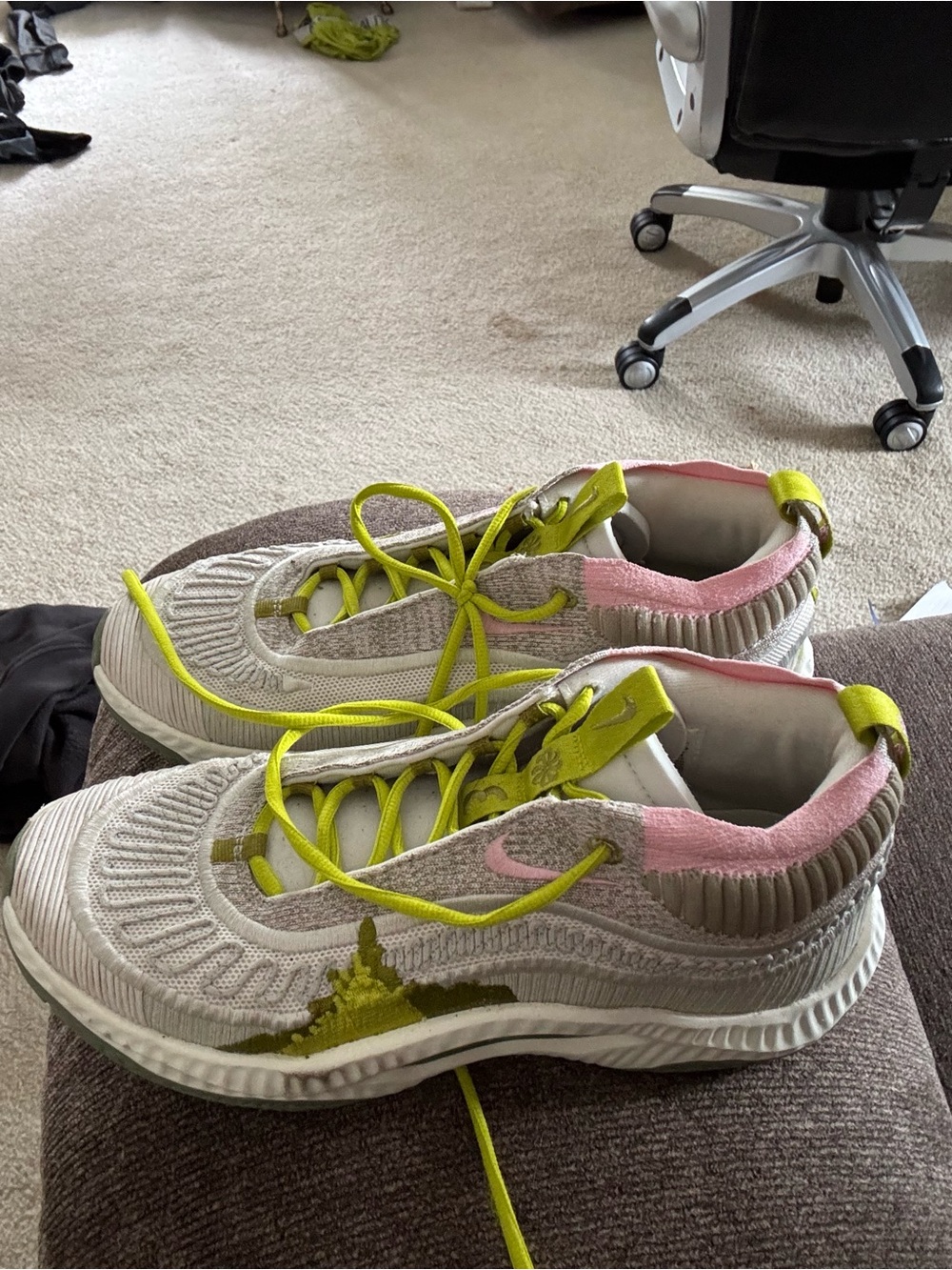 Nike Knit Athletic Sneakers in Beige, Pink & Neon green